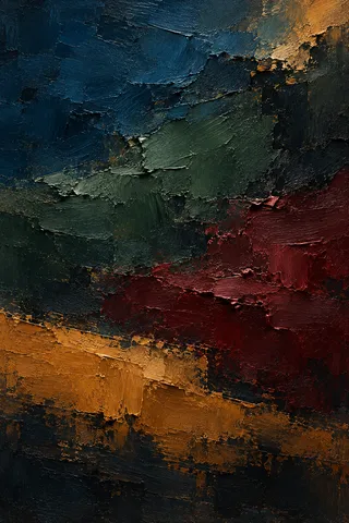 Three broad horizontal bands with torn wet edges in black, brown, charcoal; portrait artwork.