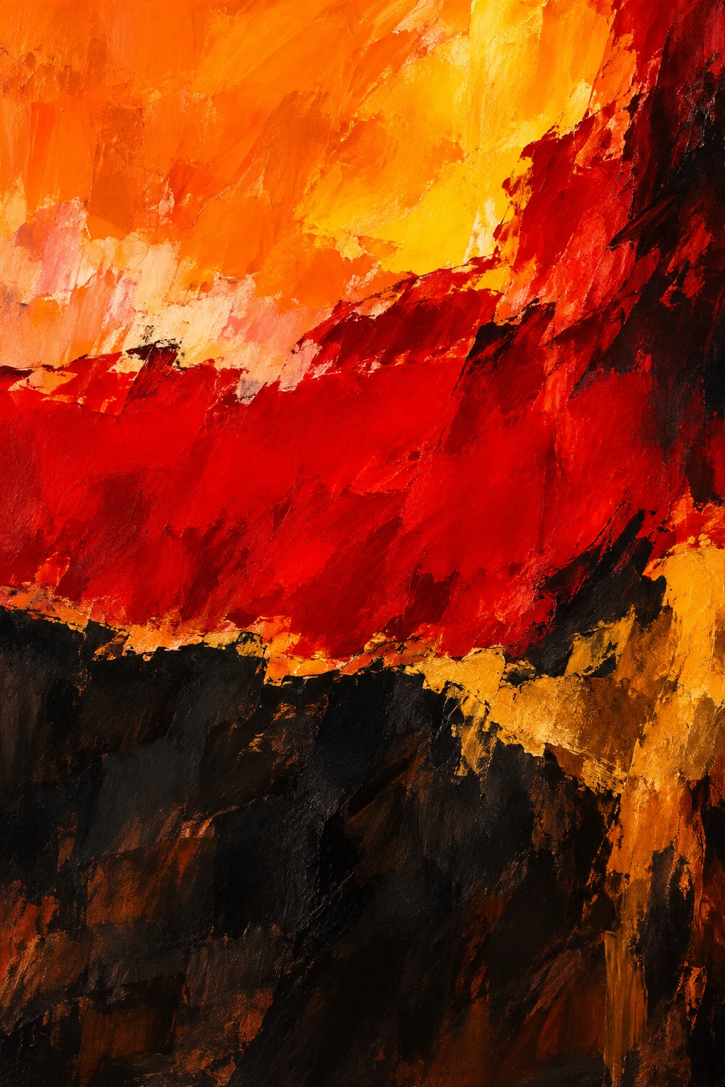 Three broad horizontal bands with torn wet edges in black, orange, red, rust; portrait artwork.