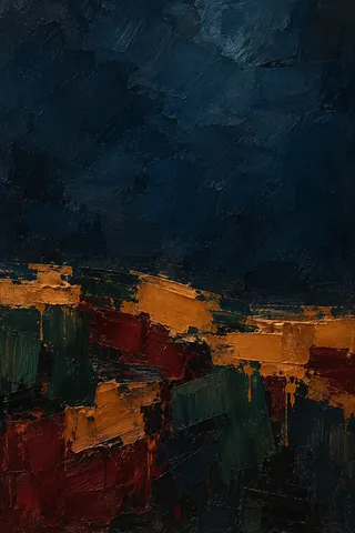A mass of gathered strokes in the lower half under a vast empty sky in black, brown; portrait artwork.