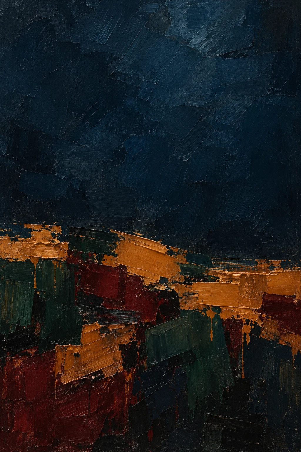 A mass of gathered strokes in the lower half under a vast empty sky in black, brown; portrait artwork.