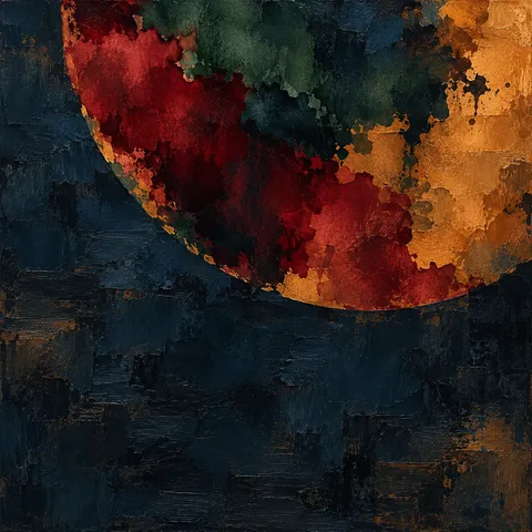 One huge circle bleeding off the top edge in black, terracotta, burgundy; square artwork.