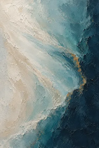 A broad fan of tapering strokes opening from one corner in stone, black, cream, teal; portrait artwork.