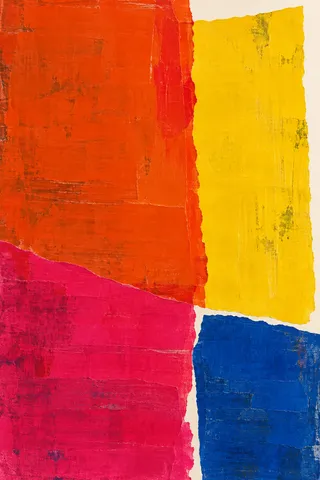 Layered translucent glazes with one hard edge in red, yellow, burgundy; portrait artwork.