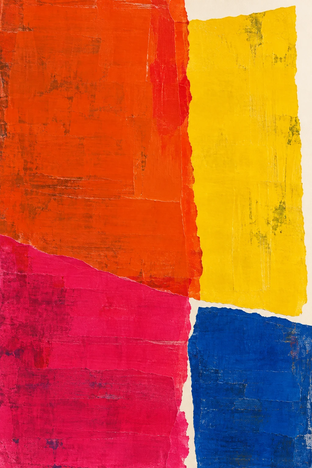 Layered translucent glazes with one hard edge in red, yellow, burgundy; portrait artwork.
