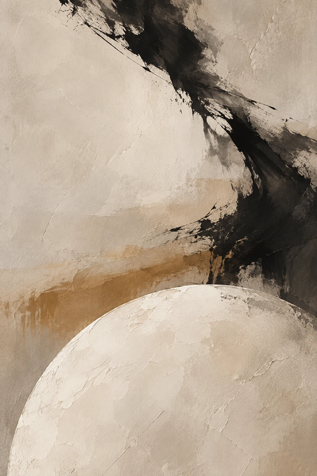 A half-moon rising from the bottom edge in stone, sand, cream, black; portrait artwork.