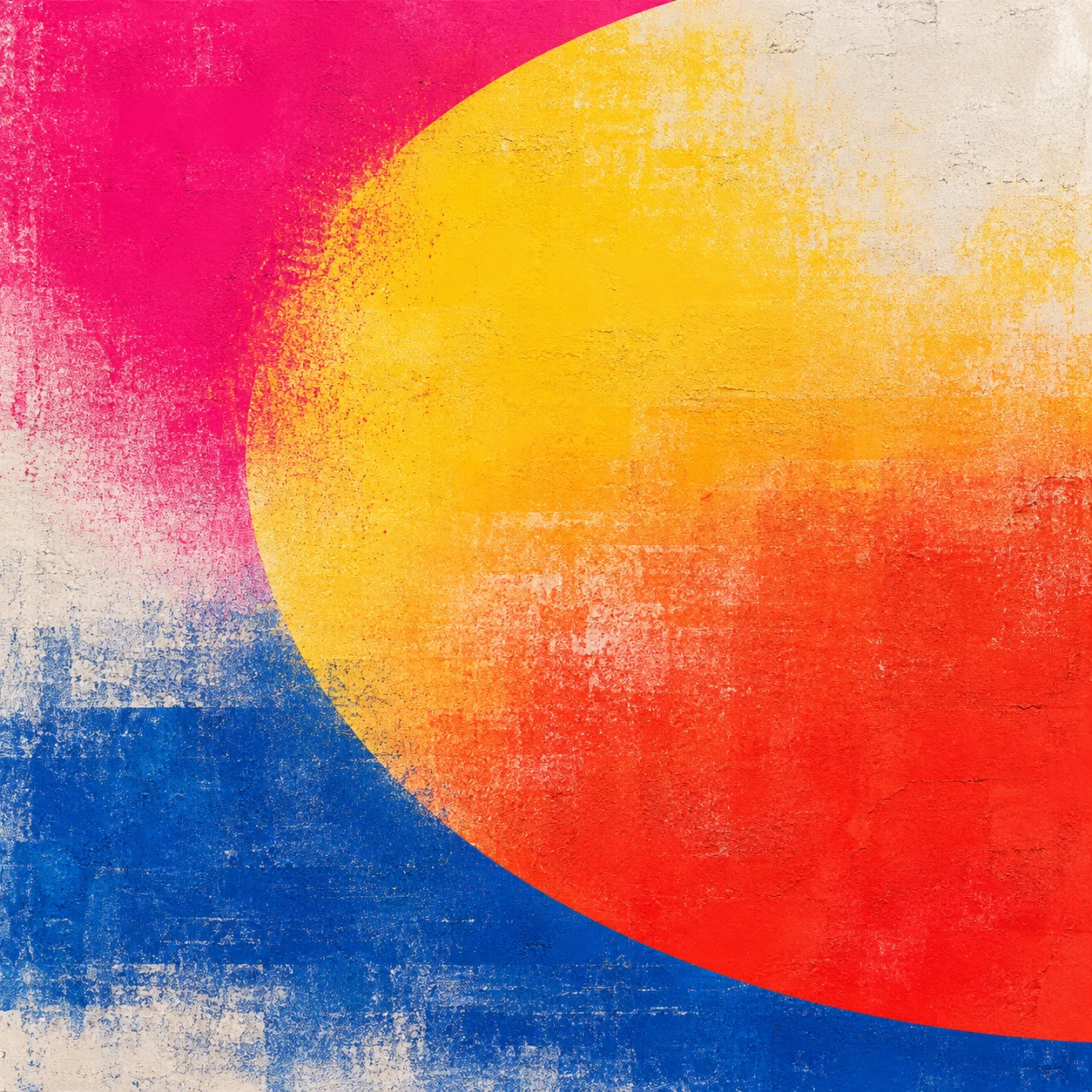 An enormous oval relief on a rough ground in red, yellow, navy, cream; square artwork.