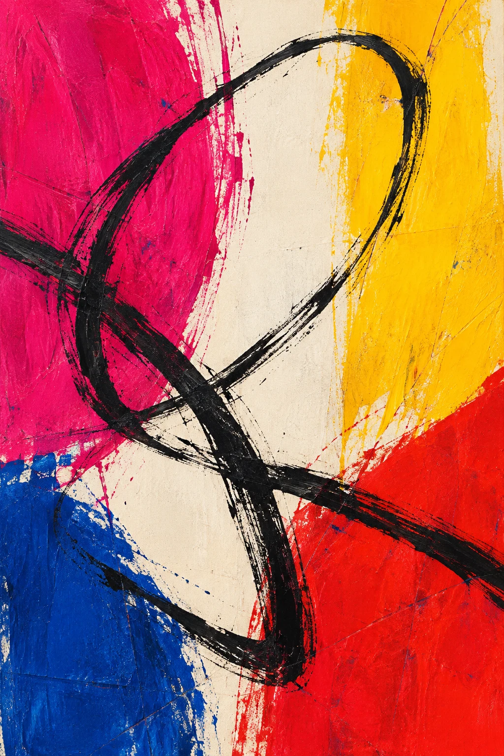 A knot of looping line over a calm ground in red, cream, yellow, navy; portrait artwork.