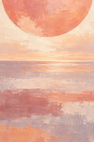 One huge circle bleeding off the top edge in blush, cream, stone; portrait artwork.