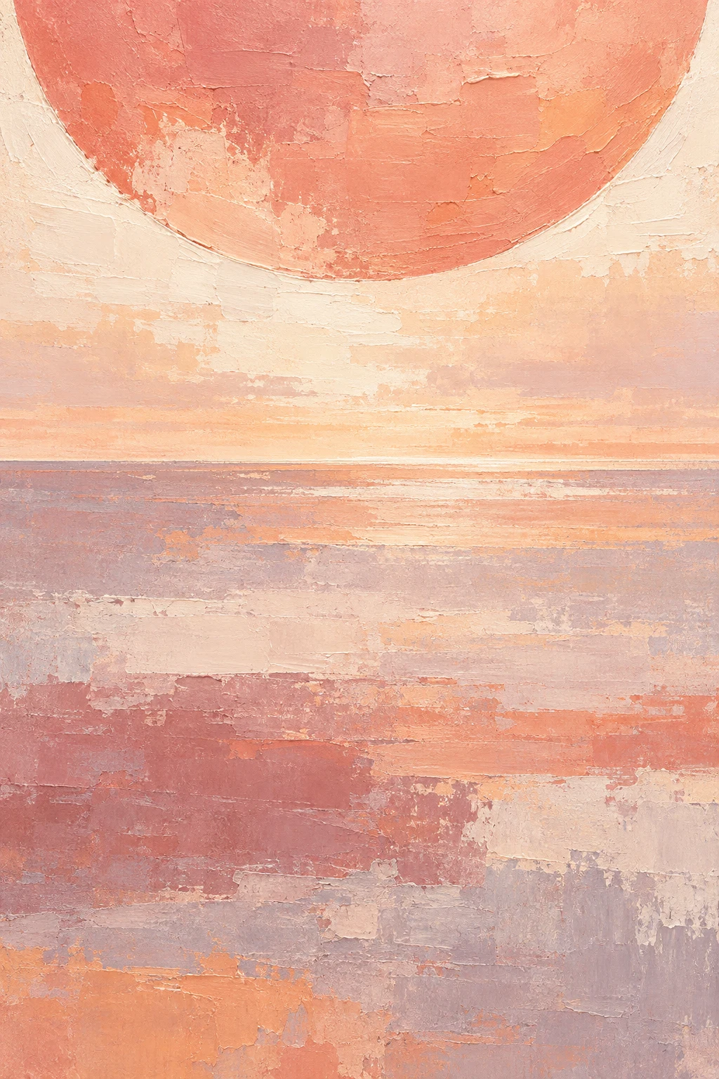 One huge circle bleeding off the top edge in blush, cream, stone; portrait artwork.