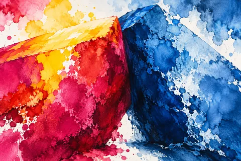 Two heavy blocks leaning against each other in red, cream, blue, navy; landscape artwork.