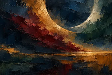 Two enormous crescents interlocking in black, brown, ochre, burgundy; landscape artwork.