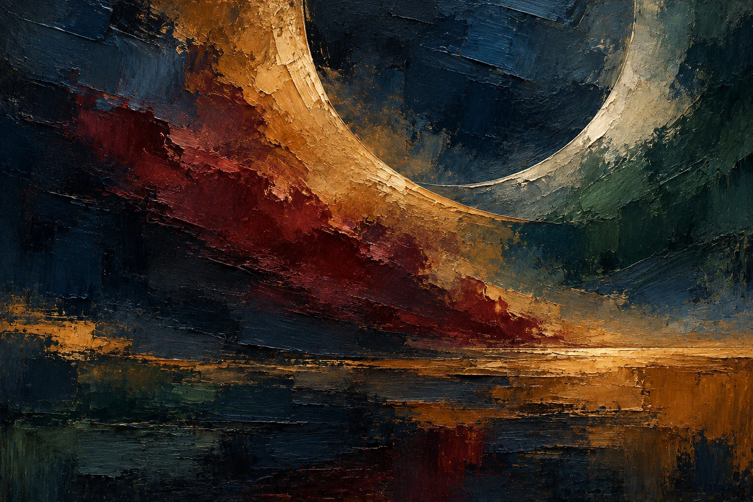 Two enormous crescents interlocking in black, brown, ochre, burgundy; landscape artwork.