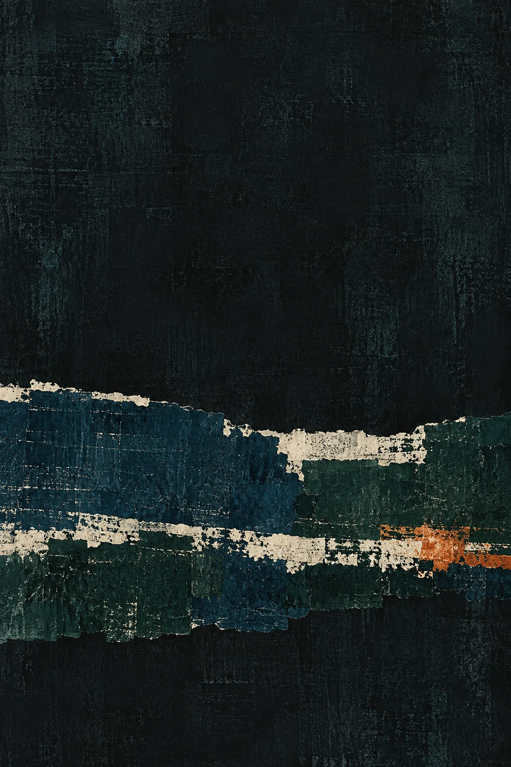 One heavy impasto band across the lower third in black, charcoal; portrait artwork.