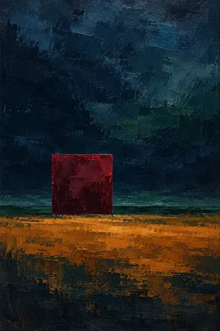 One square floating in an immense field in black, rust, navy; portrait artwork.