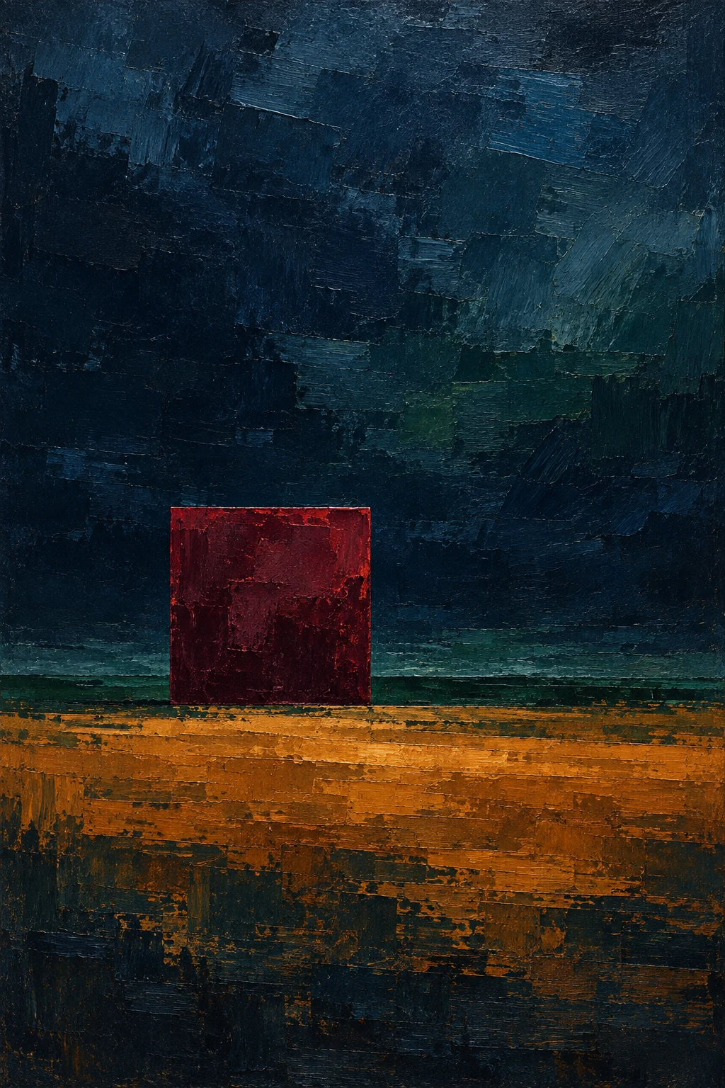 One square floating in an immense field in black, rust, navy; portrait artwork.