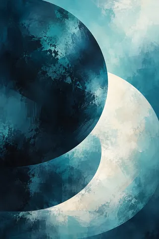 Two enormous crescents interlocking in navy, black, cream, gray; portrait artwork.