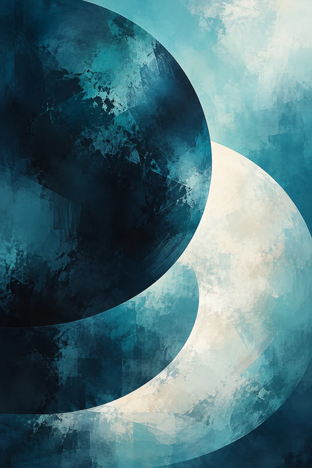 Two enormous crescents interlocking in navy, black, cream, gray; portrait artwork.