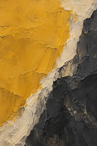 Two vast overlapping fields meeting on a soft seam in orange, charcoal, stone, ochre; portrait artwork.