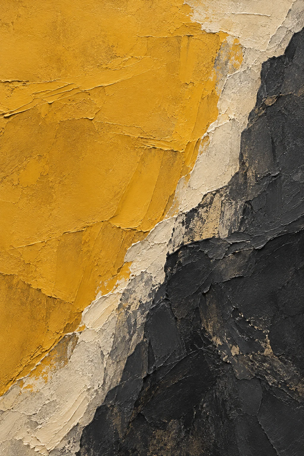 Two vast overlapping fields meeting on a soft seam in orange, charcoal, stone, ochre; portrait artwork.