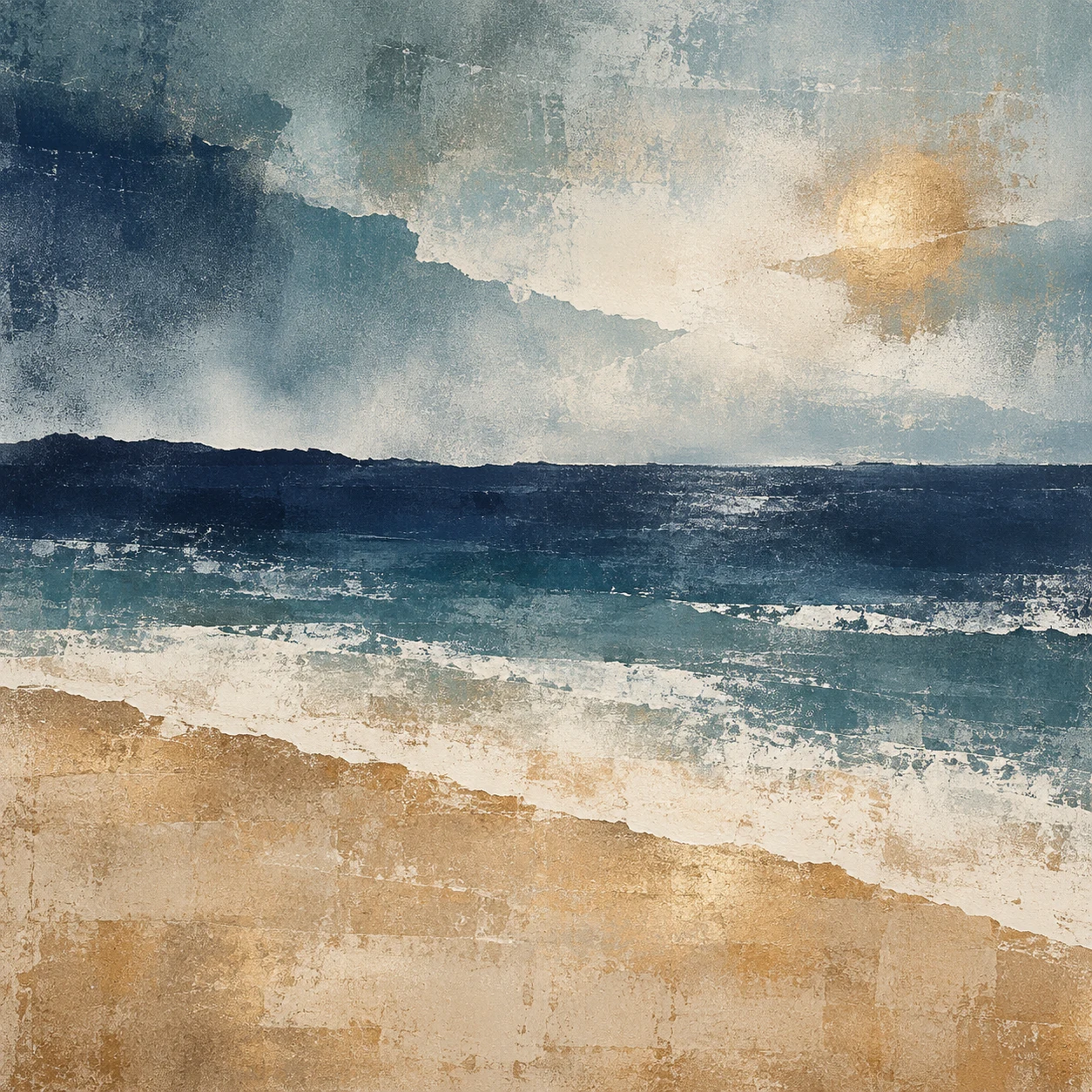 A torn-paper horizon in three bands in sand, stone, blue, cream; square artwork.