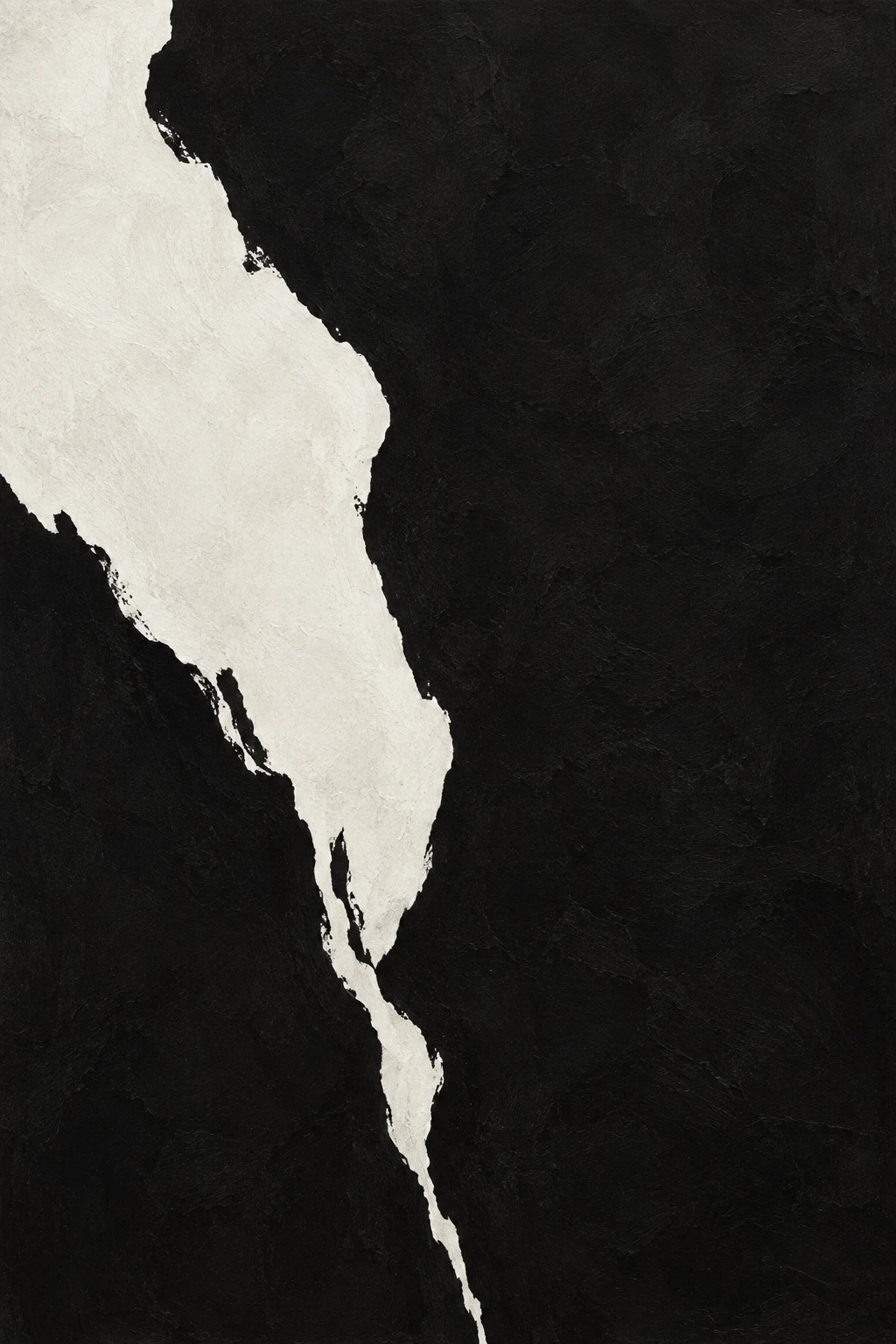 A cracked field with one patch of a second color in black, cream; portrait artwork.