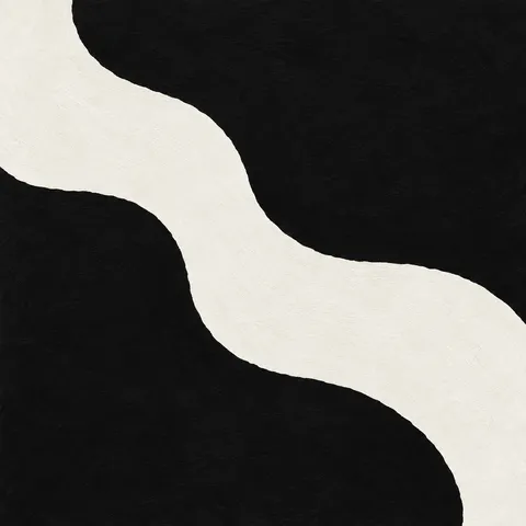 A slow wave of pigment crossing the middle in black, white; square artwork.