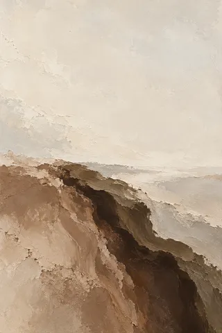 A mass of gathered strokes in the lower half under a vast empty sky in cream, olive, stone, burgundy; portrait artwork.