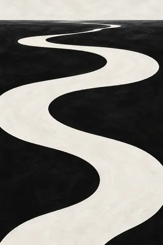 A broad ribbon folding back on itself in black, cream, white, stone; portrait artwork.