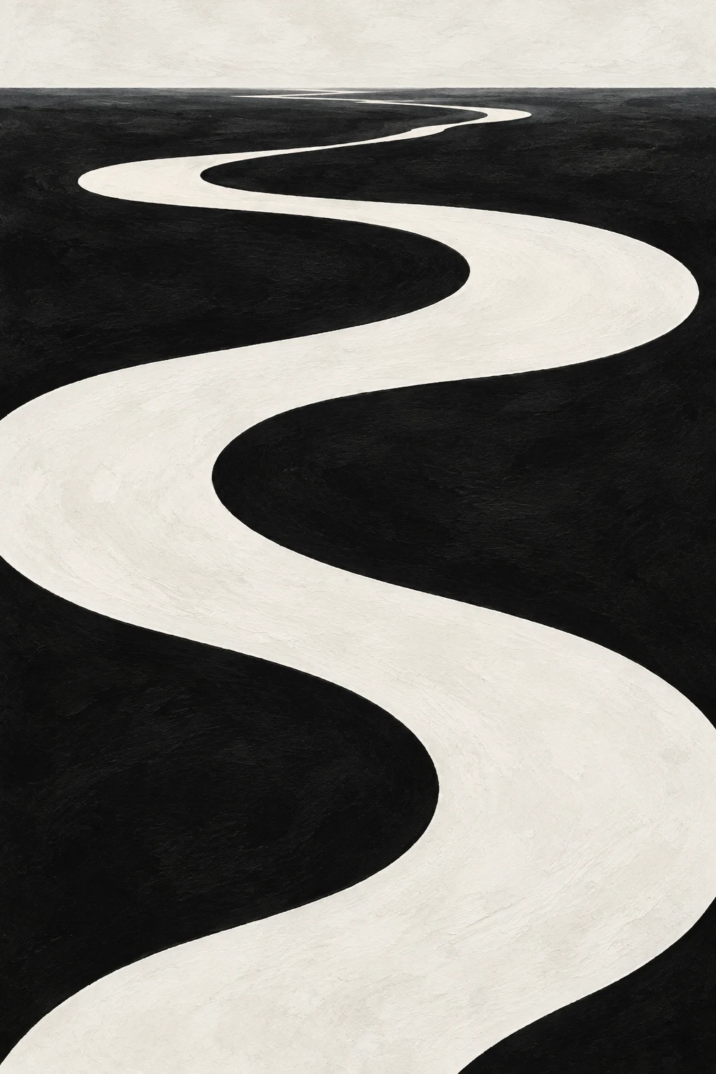 A broad ribbon folding back on itself in black, cream, white, stone; portrait artwork.