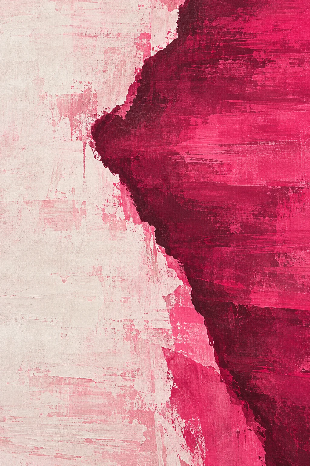 A vertical tear revealing a darker layer beneath in cream, red, pink, burgundy; portrait artwork.