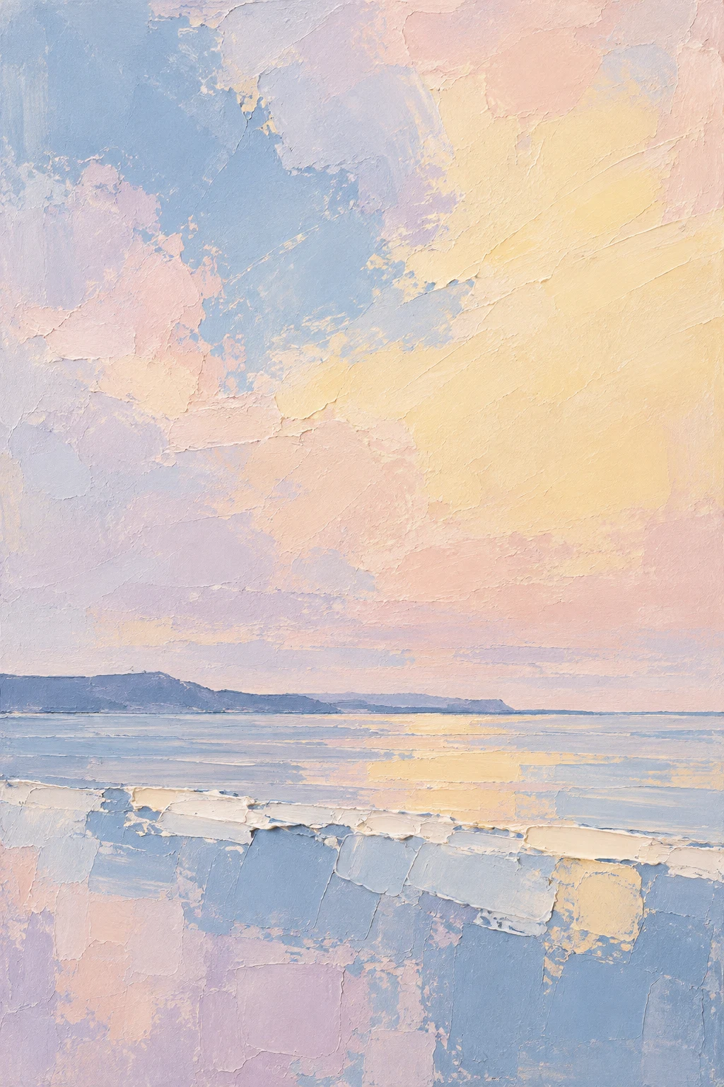 One heavy impasto band across the lower third in cream, sky blue, stone; portrait artwork.