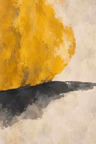 A wide shelf shadow running the whole width in cream, yellow, ochre, charcoal; portrait artwork.