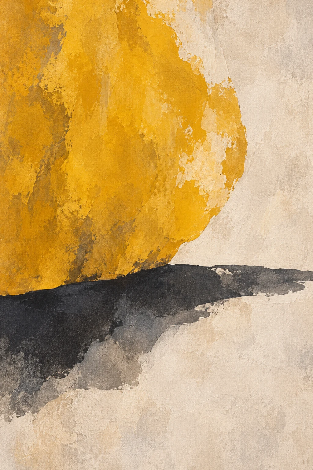 A wide shelf shadow running the whole width in cream, yellow, ochre, charcoal; portrait artwork.