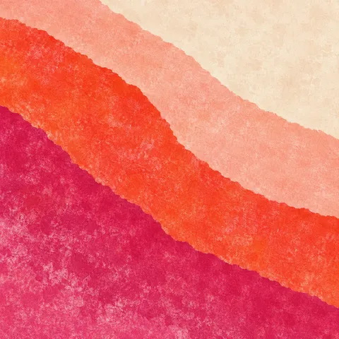 One long sweep from lower left to upper right in red, orange, blush, cream; square artwork.
