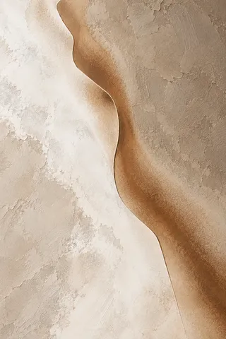 A single scored line splitting a vast field in cream, taupe, sand, stone; portrait artwork.