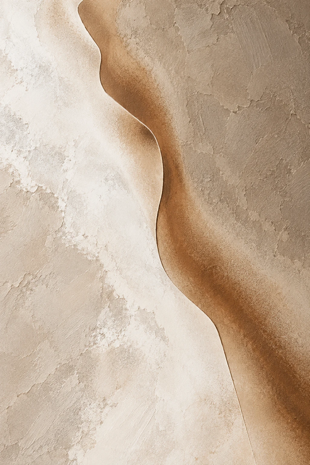 A single scored line splitting a vast field in cream, taupe, sand, stone; portrait artwork.