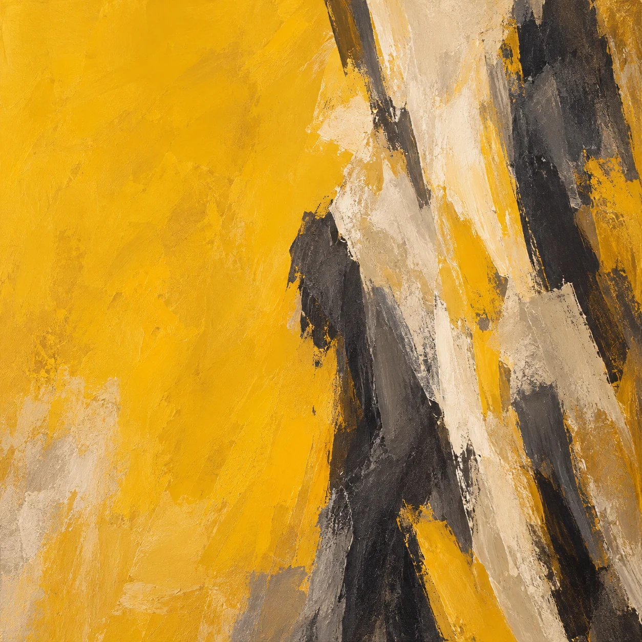 A towering column of layered strokes set off-center in yellow, charcoal, olive, ochre; square artwork.