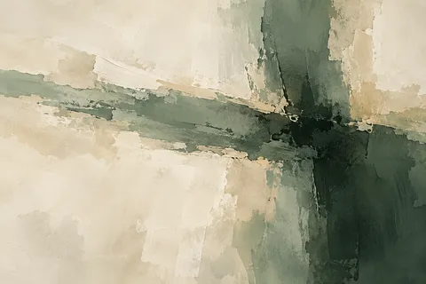 A tilted cross of two loaded strokes in cream, charcoal, sage, stone; landscape artwork.