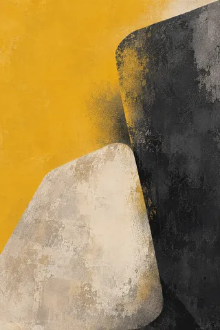Two heavy blocks leaning against each other in yellow, sand, charcoal, cream; portrait artwork.