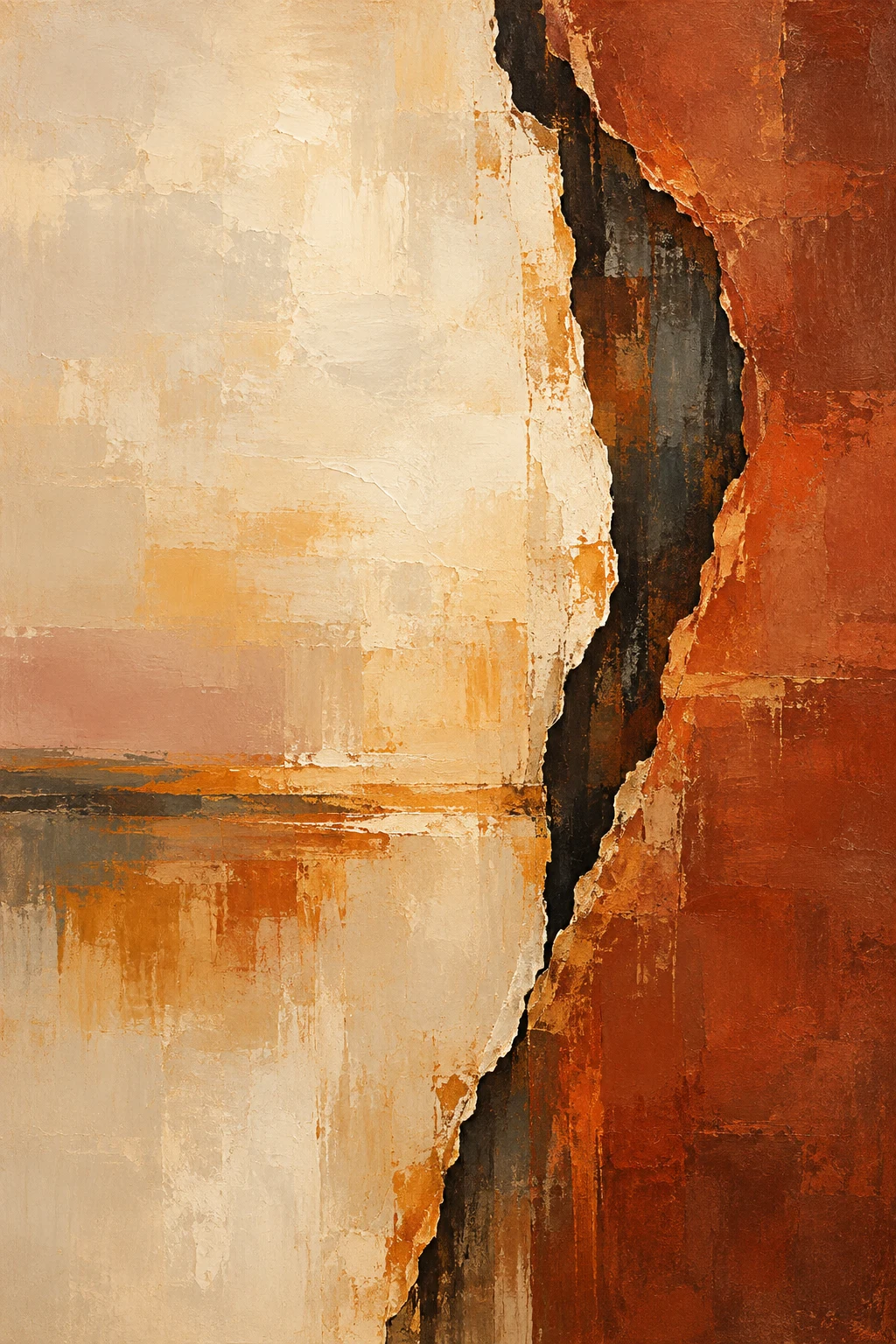 A vertical tear revealing a darker layer beneath in rust, cream, sand, burgundy; portrait artwork.
