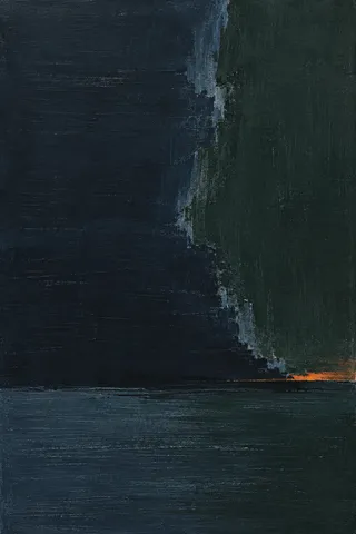 Two vast overlapping fields meeting on a soft seam in black, navy; portrait artwork.