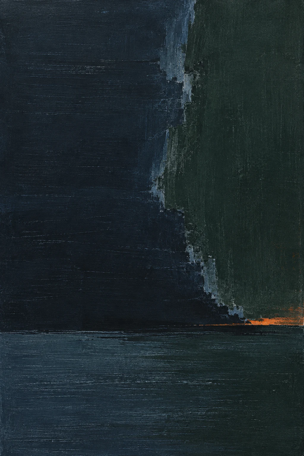 Two vast overlapping fields meeting on a soft seam in black, navy; portrait artwork.