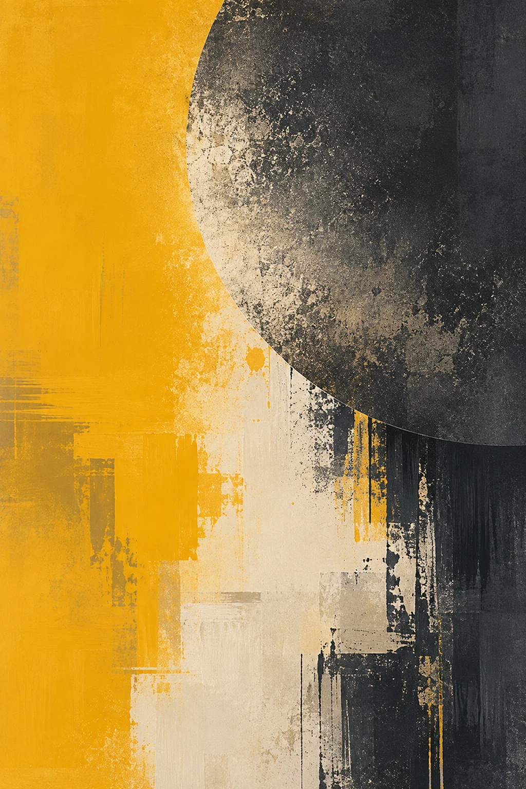 One huge circle bleeding off the top edge in yellow, charcoal, cream, black; portrait artwork.