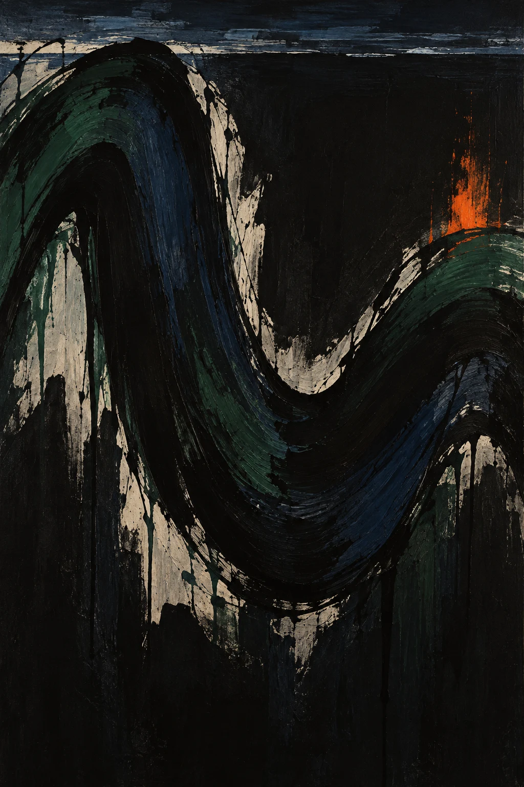 A slow wave of pigment crossing the middle in black, olive; portrait artwork.