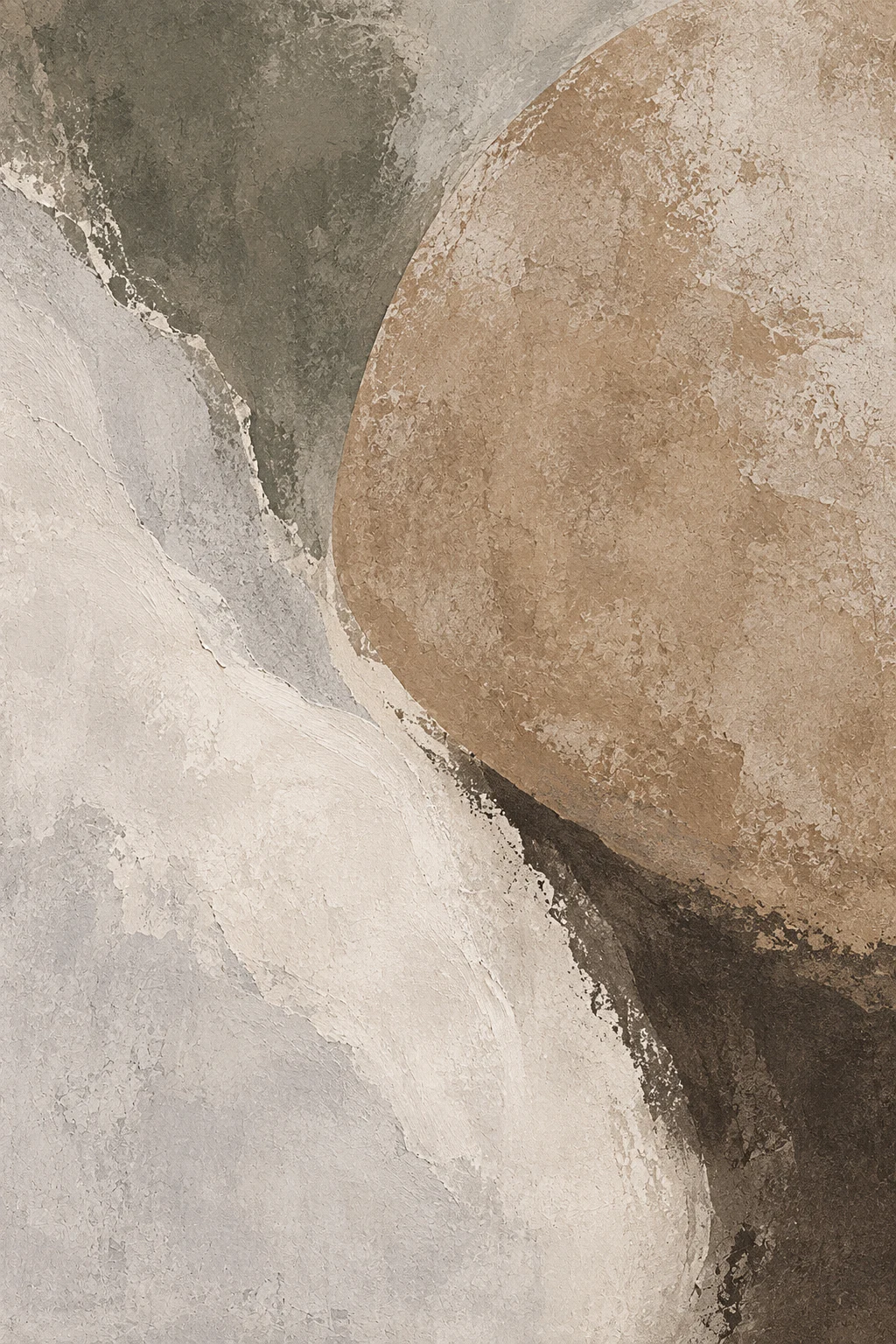 An enormous oval relief on a rough ground in stone, sage, cream, sand; portrait artwork.