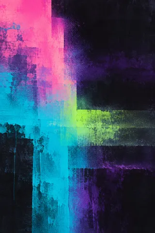 A veil of thin wash over one solid block in black, teal, pink, navy; portrait artwork.