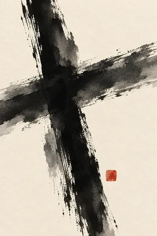 A tilted cross of two loaded strokes in cream, black, charcoal, taupe; portrait artwork.