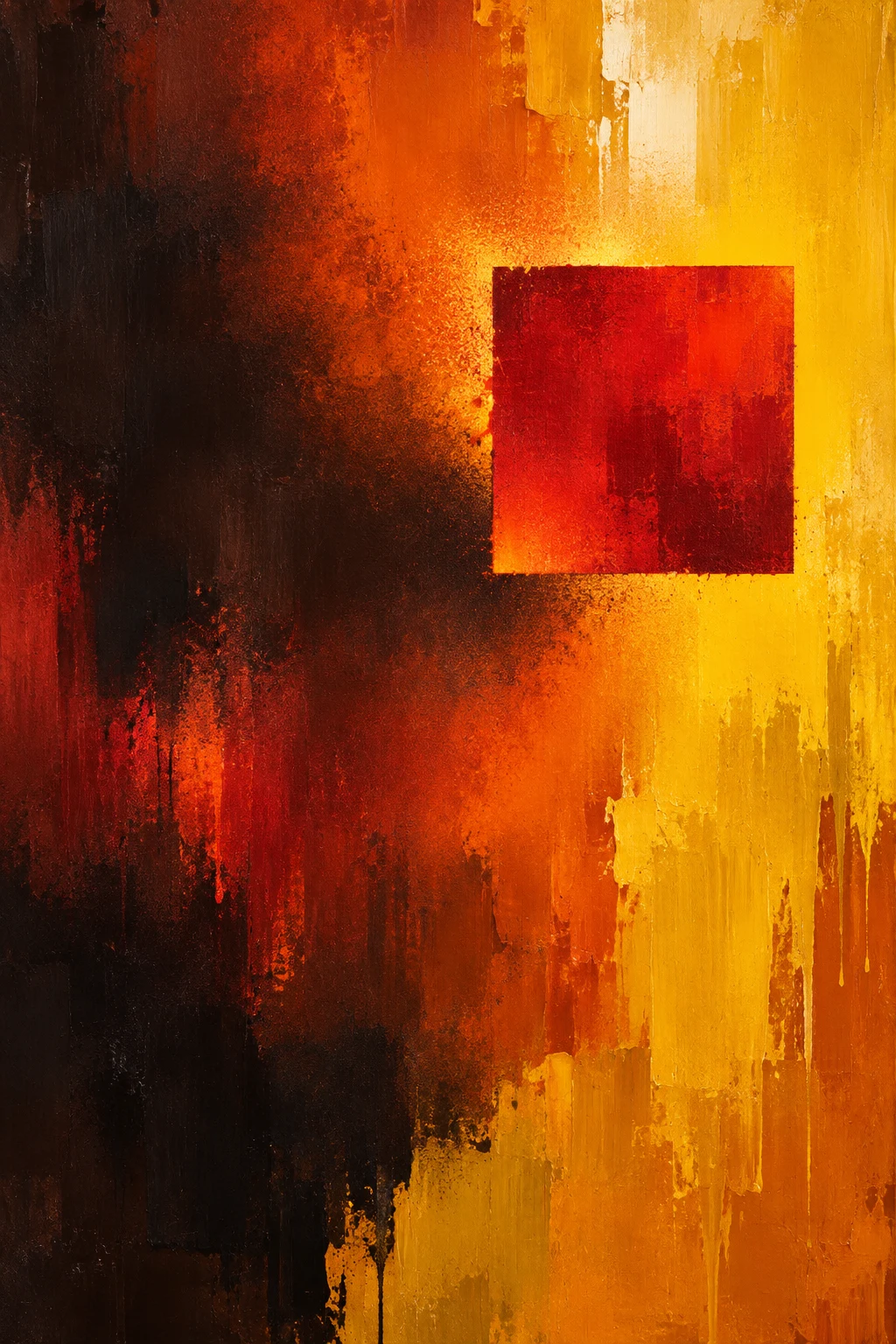 One square floating in an immense field in black, red, terracotta, burgundy; portrait artwork.