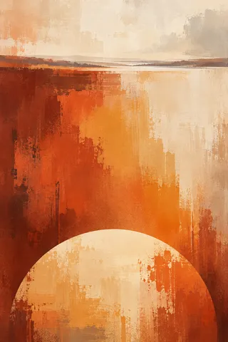 A half-moon rising from the bottom edge in cream, rust, orange, terracotta; portrait artwork.