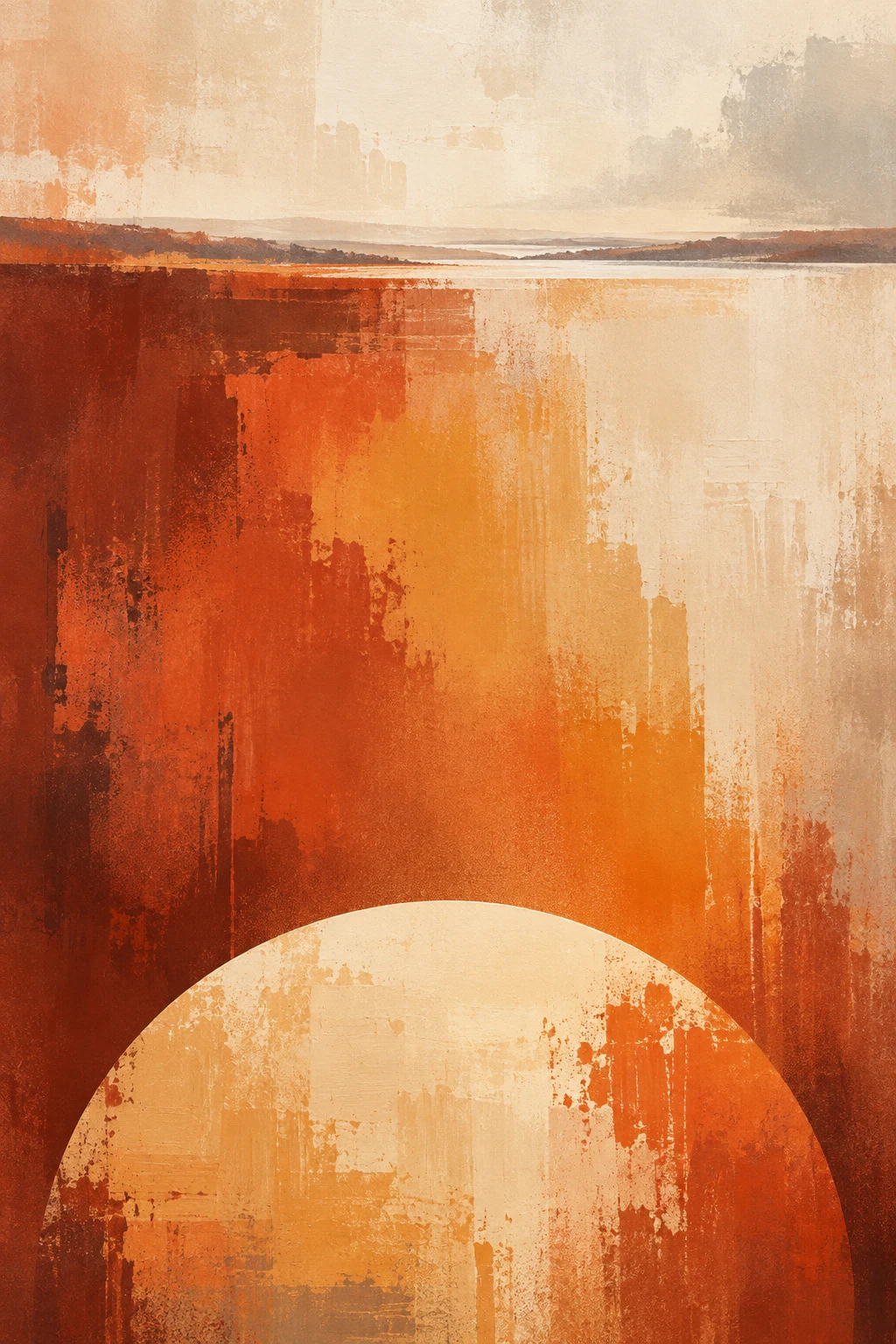 A half-moon rising from the bottom edge in cream, rust, orange, terracotta; portrait artwork.